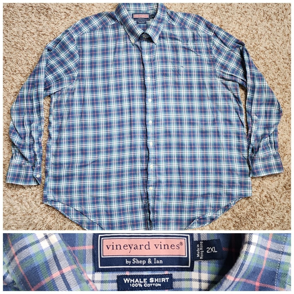 Vineyard Vines Whale Shirt Blue Plaid‎ Men Sz XXL Oxford Long Sleeve Button Up